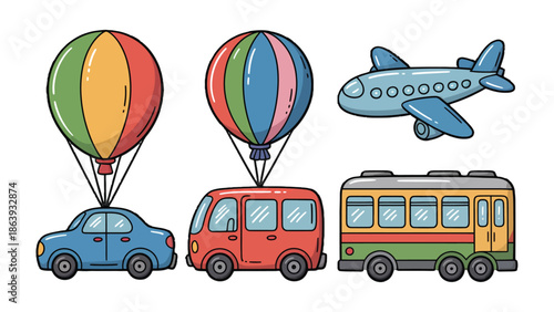 Journey of Exploration: This illustration depicts a captivating collage of whimsical transportation modes, perfect for sparking wanderlust and the thrill of discovery. 