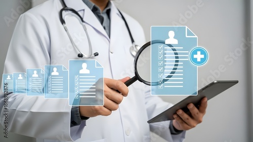 Doctor examining digital medical records with a magnifying glass and tablet, symbolizing patient data review and healthcare technology.