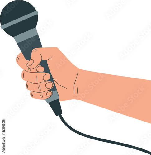 Hand holding microphone illustration, public speaking interview concept, isolated reporter mic graphic, live audio journalism communication flat vector design icon