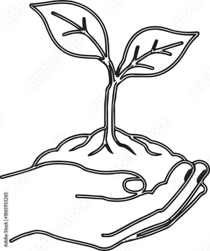 A single continuous line illustration depicting a human hand gently cradling a young plant with roots and two leaves, symbolizing nurturing and environmental care.