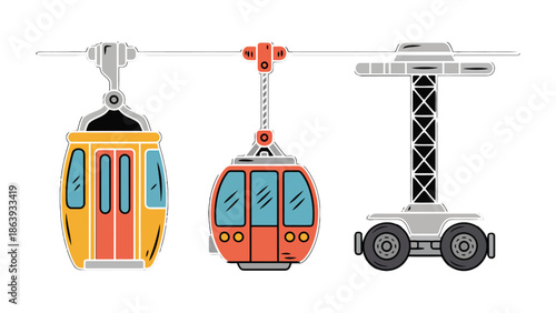 Cable Car System: A vibrant graphic illustrates a modern cable car system, showcasing the transportation of gondolas for a scenic aerial journey. 