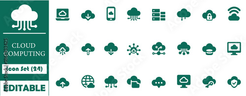 Minimal cloud computing icon set featuring upload, download, server, data storage, security and network symbols, perfect for digital and tech projects.