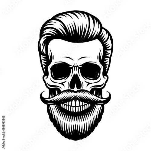 Black and white vector illustration of a human skull with a thick beard and handlebar mustache, perfect for barber shop logos, tattoos, or t-shirt designs.