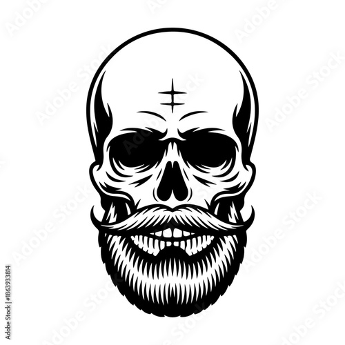Black and white vector illustration of a human skull with a thick beard and handlebar mustache, perfect for barber shop logos, tattoos, or t-shirt designs.