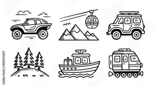 Transportation Collection: A set of simple line drawings depicting various modes of transportation, from off-road vehicles to a cable car, boat, and train, illustrating travel and exploration.