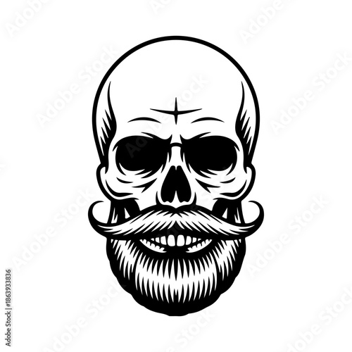 Black and white vector illustration of a human skull with a thick beard and handlebar mustache, perfect for barber shop logos, tattoos, or t-shirt designs.