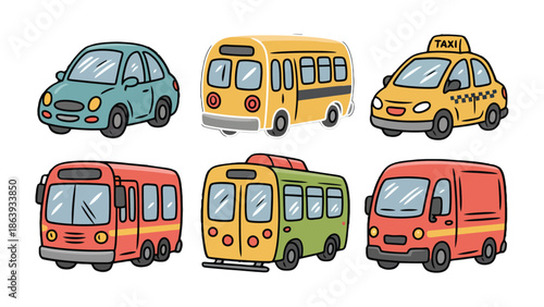 Variety of Transport: A colorful collection of vehicles, encompassing car, bus, taxi, and van, showcases diverse transport options. They are illustrative design that ready for the journey.