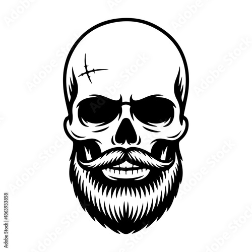 Black and white vector illustration of a human skull with a thick beard and handlebar mustache, perfect for barber shop logos, tattoos, or t-shirt designs.