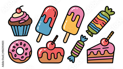 Sweet Tooth Delight: A colorful assortment of treats, from a cupcake and ice pop to a candy and cake slice, promises a delectable moment.