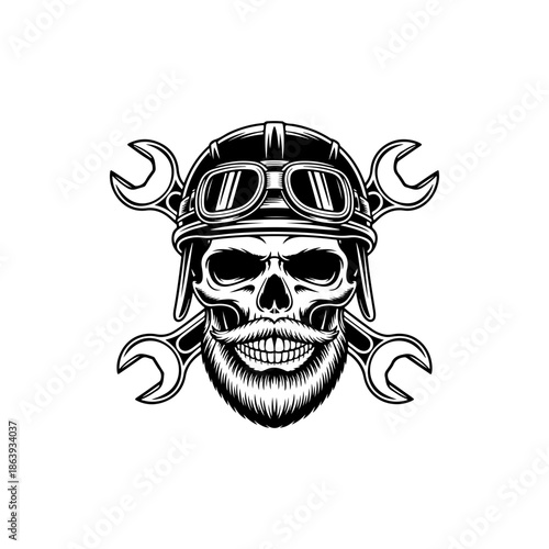 Black and white vector illustration of a bearded skull wearing a vintage motorcycle helmet and goggles with crossed wrenches behind it. Ideal for biker and garage logos.