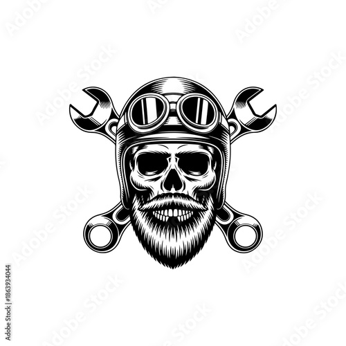 Black and white vector illustration of a bearded skull wearing a vintage motorcycle helmet and goggles with crossed wrenches behind it. Ideal for biker and garage logos.