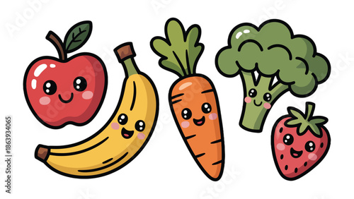 Vibrant Veggie and Fruit Friends: A lively array of animated vegetables and fruits, each radiating with a cheerful personality, creating a delightful scene. 