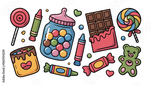 Sweet Delights: An array of colorful candies and sweets, from lollipops to chocolate bars, arranged in an appealing composition, evoking joy and indulgence.
