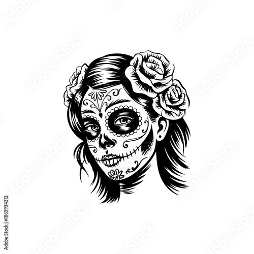 Black and white vector of a woman with Catarina sugar skull makeup and roses in her hair. Ideal for Dia de los Muertos celebrations and stock design.