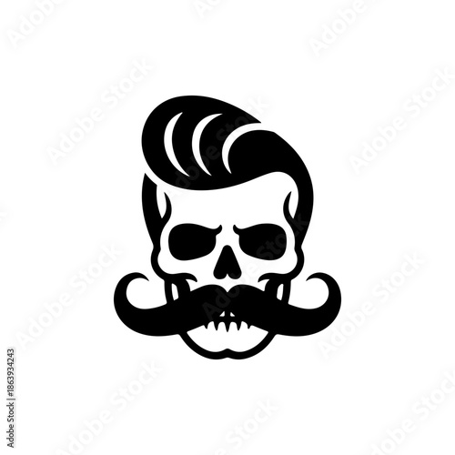 Minimalist black and white vector icon of a skull with a stylish handlebar mustache and pompadour hair. Ideal for hipster barber shop branding and tattoo designs.