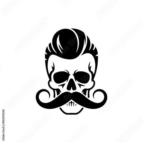 Minimalist black and white vector icon of a skull with a stylish handlebar mustache and pompadour hair. Ideal for hipster barber shop branding and tattoo designs.