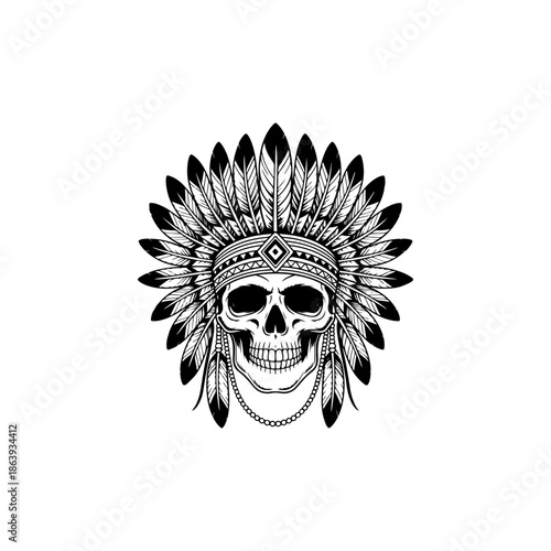black and white vector of a human skull wearing a traditional Native American feathered war bonnet headdress with beaded accents and intricate line work.