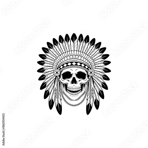 black and white vector of a human skull wearing a traditional Native American feathered war bonnet headdress with beaded accents and intricate line work.