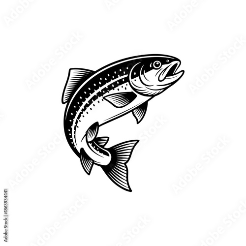 black and white vector icon of a jumping salmon featuring intricate scale patterns and fins. Perfect for seafood branding or fly fishing logos.