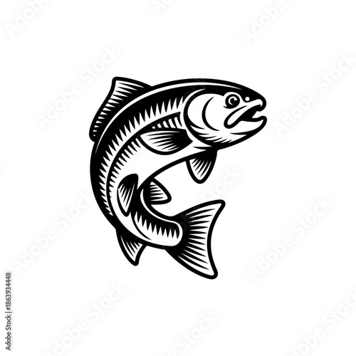 black and white vector icon of a jumping salmon featuring intricate scale patterns and fins. Perfect for seafood branding or fly fishing logos.