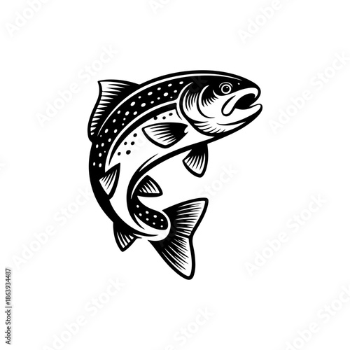black and white vector icon of a jumping salmon featuring intricate scale patterns and fins. Perfect for seafood branding or fly fishing logos.