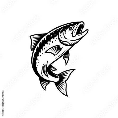 black and white vector icon of a jumping salmon featuring intricate scale patterns and fins. Perfect for seafood branding or fly fishing logos.