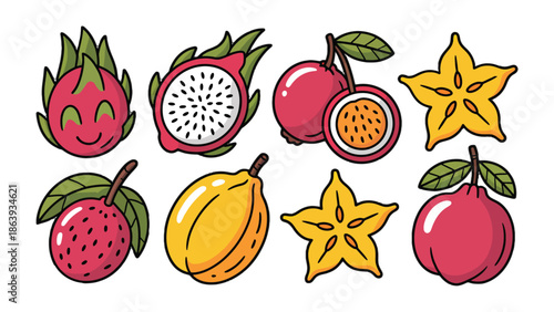 Tropical fruit collection : An artistic display of vibrant tropical fruits including dragon fruit, starfruit, passion fruit, guava and others. Capturing the essence of exotic and healthy treats 