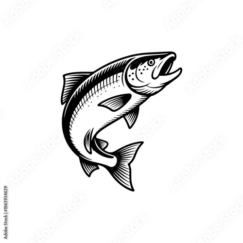 black and white vector icon of a jumping salmon featuring intricate scale patterns and fins. Perfect for seafood branding or fly fishing logos.