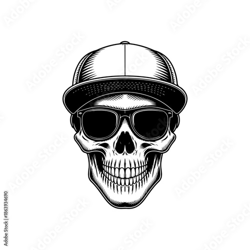 Black and white vector illustration of a human skull wearing a baseball cap and dark sunglasses. Modern urban streetwear style graphic for logos, posters and prints.
