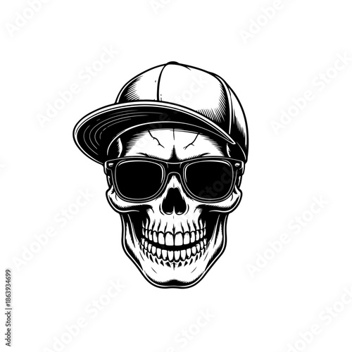 Black and white vector illustration of a human skull wearing a baseball cap and dark sunglasses. Modern urban streetwear style graphic for logos, posters and prints.