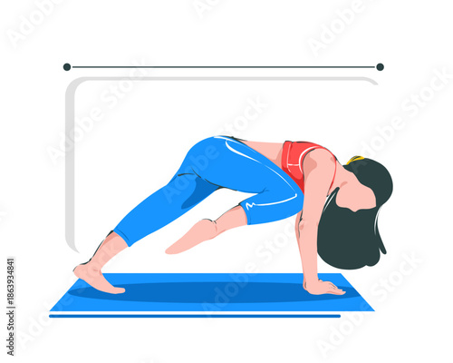 Flat vector illustration of a woman performing a yoga plank variation on a mat. Clean modern style representing fitness, strength, balance, flexibility, and healthy lifestyle training.