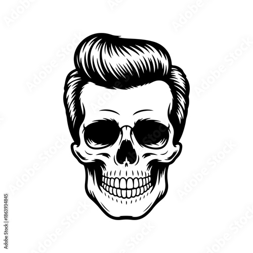 Stylish vector illustration of a skull with a pompadour hairstyle and a thick mustache. Hipster-style graphic perfect for modern barber shop branding.