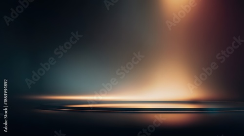 Dark minimal stage background with semi transparent glass shapes and warm spotlight on circular podium for product showcase and ecommerce ads