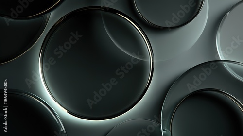 Dark abstract background with overlapping transparent glass rings and glossy highlights for modern technology UI and luxury packaging