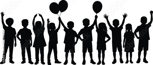 Happy children celebration silhouettes holding balloons, joyful childhood party concept, friendship unity, fun event, black white vector illustration, design, set