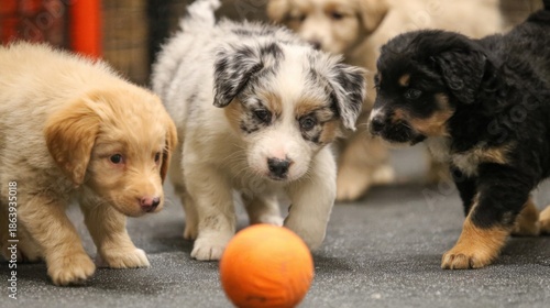 Medium shot of playful puppies engaging in supervised games during a socialization event highlighting early development and social skills. © Justlight