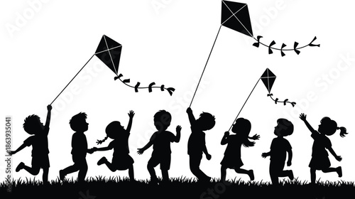 Happy children silhouettes flying kites together outdoors isolated on white background representing childhood freedom joy play nature lifestyle concept