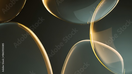 Dark abstract glass circles background with amber golden edges and translucent layering for premium posters and branding covers