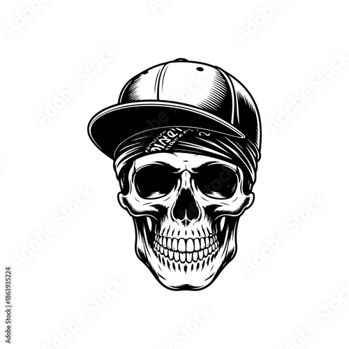 Edgy black and white vector of a human skull wearing a bandana under a baseball cap, combining classic street style with a skeletal motif.