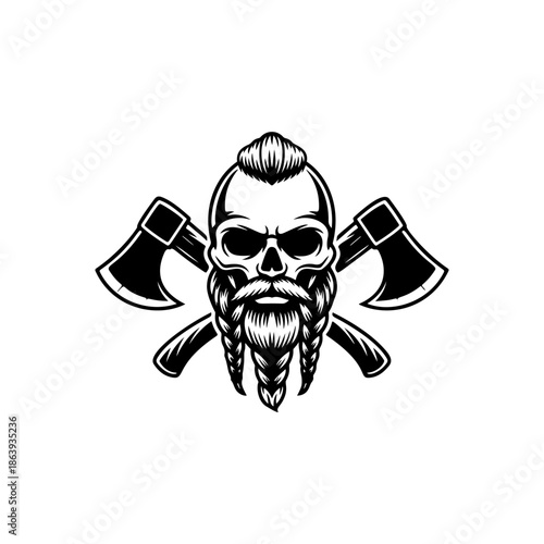 Powerful vector illustration of a bearded Viking skull with braided facial hair and two crossed battle axes. Fierce warrior-themed design for logos and apparel.