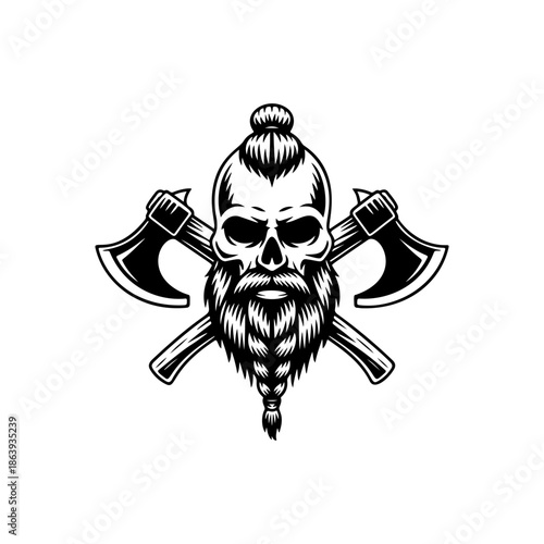 Powerful vector illustration of a bearded Viking skull with braided facial hair and two crossed battle axes. Fierce warrior-themed design for logos and apparel.