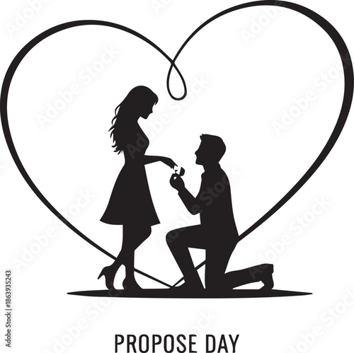 Silhouette of Man Proposing to Woman with Ring inside Heart Line for Engagement and Wedding Concept