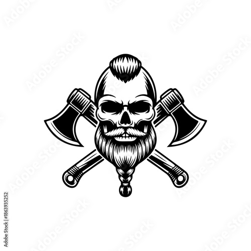 Powerful vector illustration of a bearded Viking skull with braided facial hair and two crossed battle axes. Fierce warrior-themed design for logos and apparel.