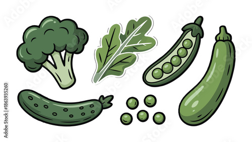 Fresh Greens: A charming illustration showcases an array of fresh, vibrant green vegetables, offering a healthy and colorful visual. 
