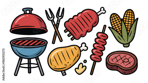Barbecue Delights: A colorful illustration presents a variety of barbecue essentials, each element designed to evoke the joy and satisfaction of a perfect grilling experience.