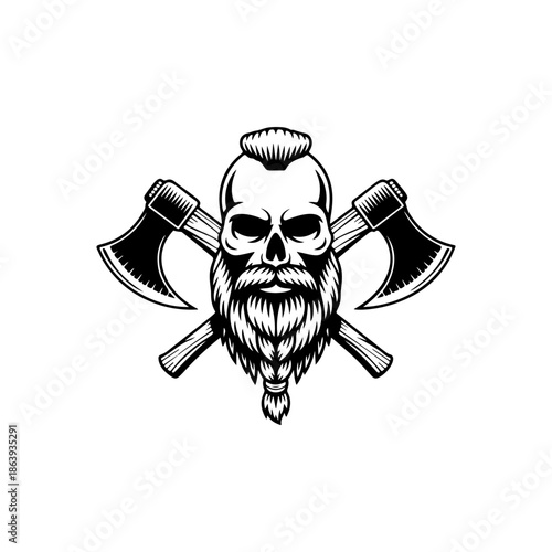 Powerful vector illustration of a bearded Viking skull with braided facial hair and two crossed battle axes. Fierce warrior-themed design for logos and apparel.