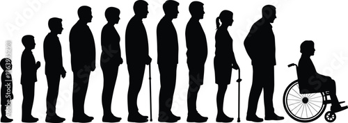 Human aging progression silhouette, life stages from childhood to senior disability, mobility aids, wheelchair care, black white vector illustration, design