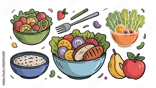 Healthy Culinary Collage: A vibrant assortment of wholesome salads and fresh produce, artfully arranged to tantalize the palate.