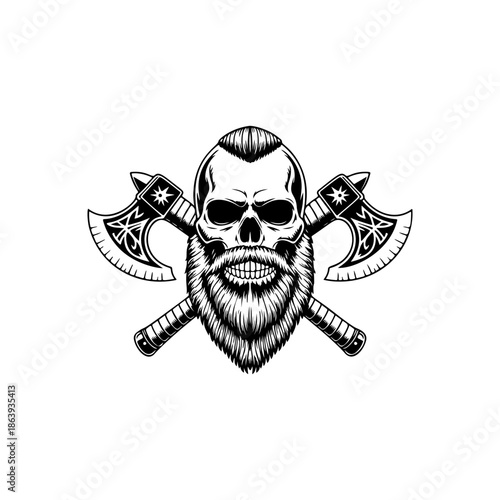 Powerful vector illustration of a bearded Viking skull with braided facial hair and two crossed battle axes. Fierce warrior-themed design for logos and apparel.
