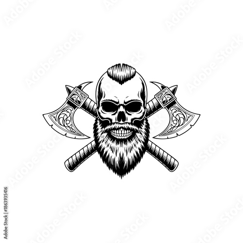 Powerful vector illustration of a bearded Viking skull with braided facial hair and two crossed battle axes. Fierce warrior-themed design for logos and apparel.